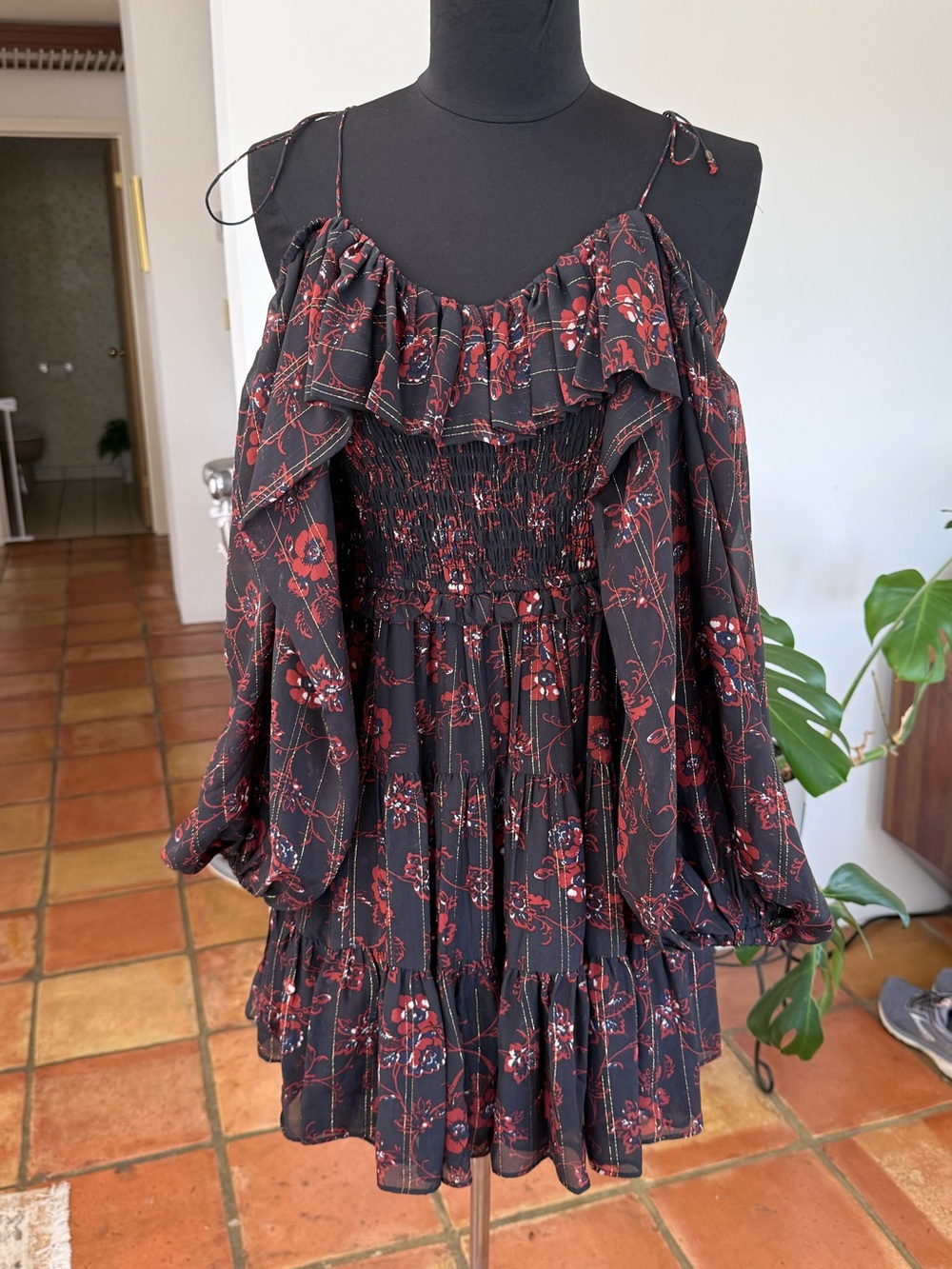 Ulla Johnson Black Mini Dress with Burgundy Floral Print